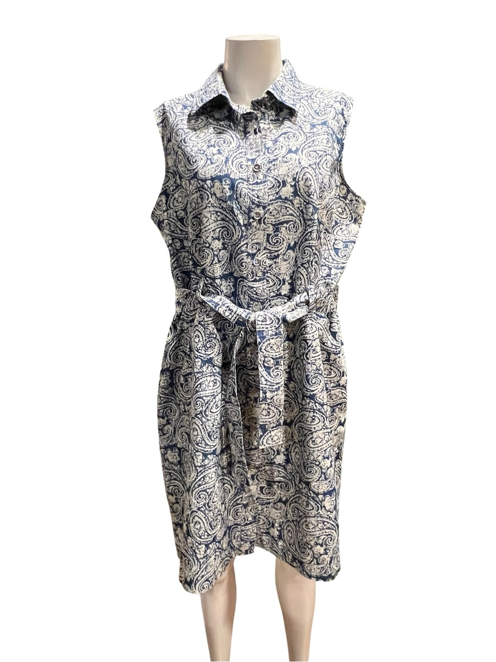 Peck & Peck Navy and White Paisley Sleeveless Shirt Dress
